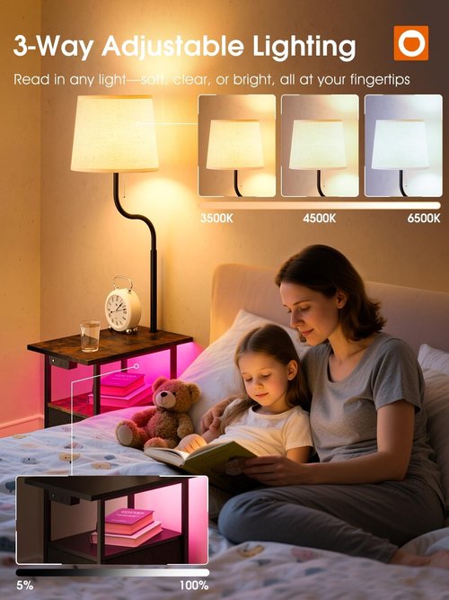 addlon Floor Lamp Side Table with Night Light,Night Stand with Charging Station and LED Bulb, 3-Color Adjustable Lighting Beside Table with 2 Deep Drawers, End Tables Living Room,Bedroom-Rustic Brown