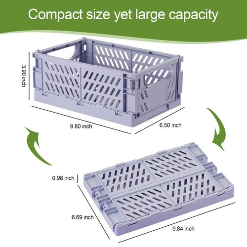 HUUSMOT 4-Pack Small Pastel Plastic Storage Baskets, Collapsible Crates for Organizing, Space-Saving Mini Bins for Classroom, Kitchen, Office, Bedroom (9.8" x 6.5" x 3.8")