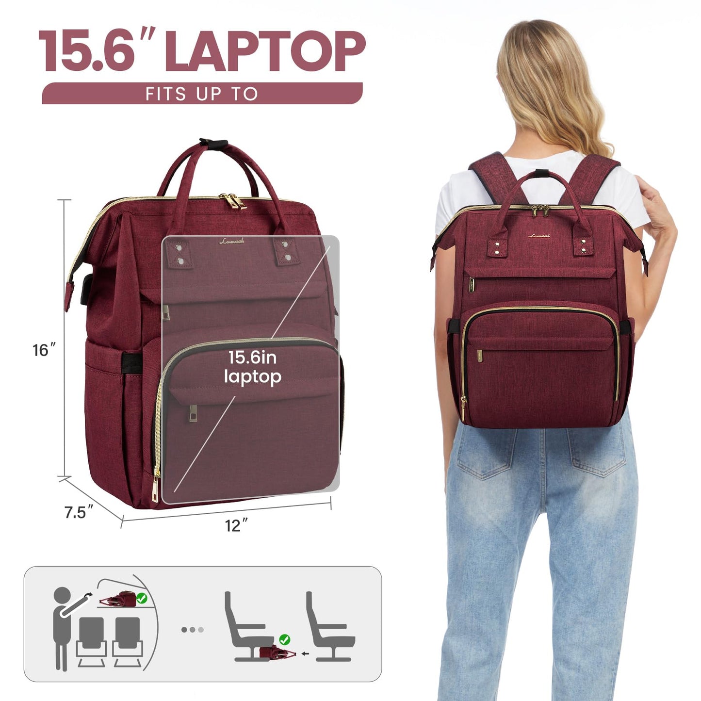 LOVEVOOK Laptop Backpack for Women,15.6 Inch Professional Womens Travel Backpack Purse Computer Laptop Bag Nurse Teacher Backpack,Waterproof College Work Bags Carry on Back Pack with USB Port,Wine Red