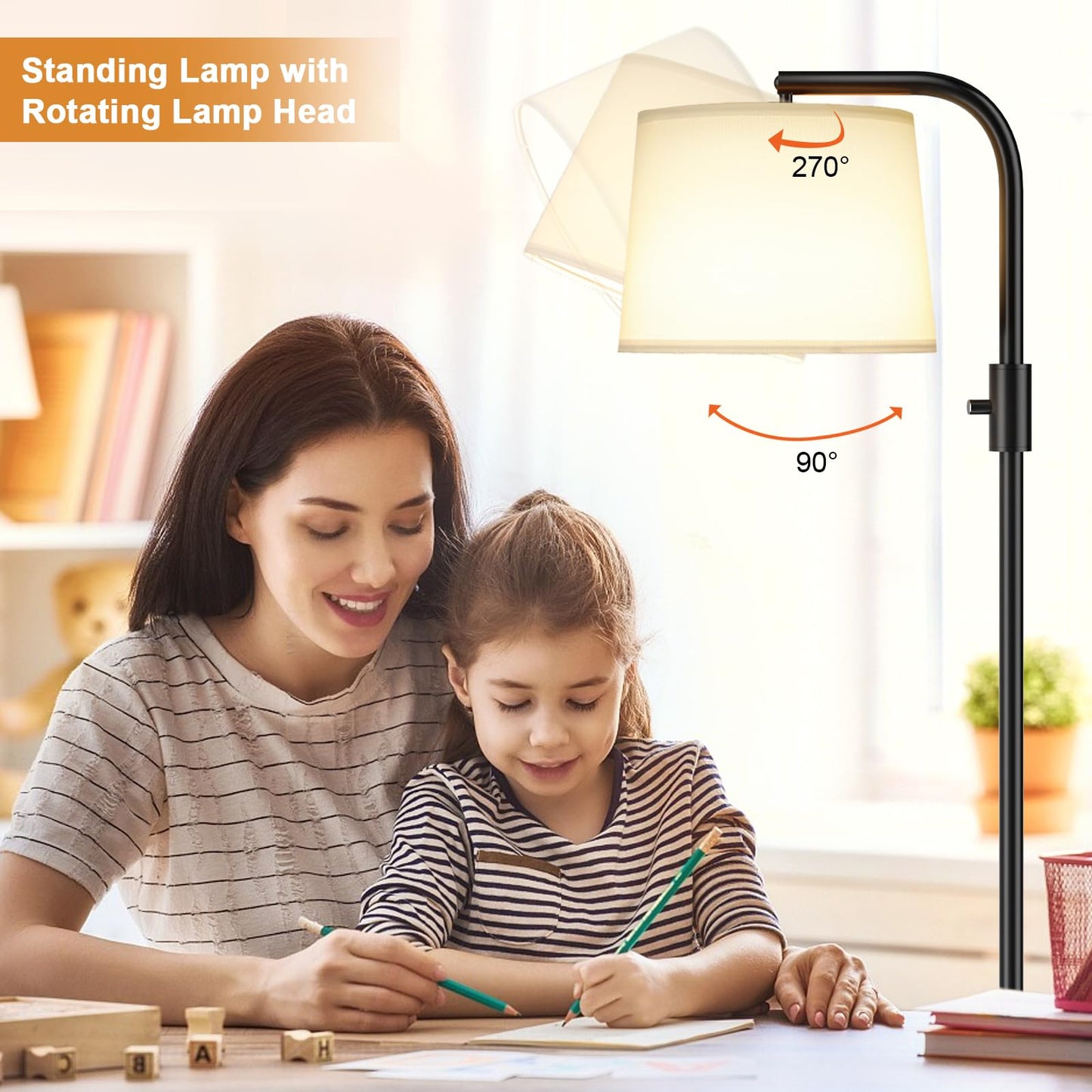 Ambimall Fully Dimmable Floor Lamp with 9W LED Bulb, Standing Lamp for Living Room with Adjustable Head, Modern Tall Light with Rotary Switch for Office, Black and White