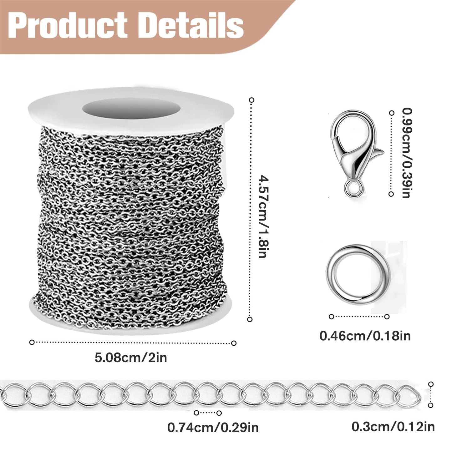 WXJ13 Chains for Jewelry Making 36FT 2 Rolls, Silver Stainless Steel Jewelry Chains with 60 Pieces Open Jump Rings & 40 Pieces Lobster Clasps for Necklace Chain DIY Making Accessories