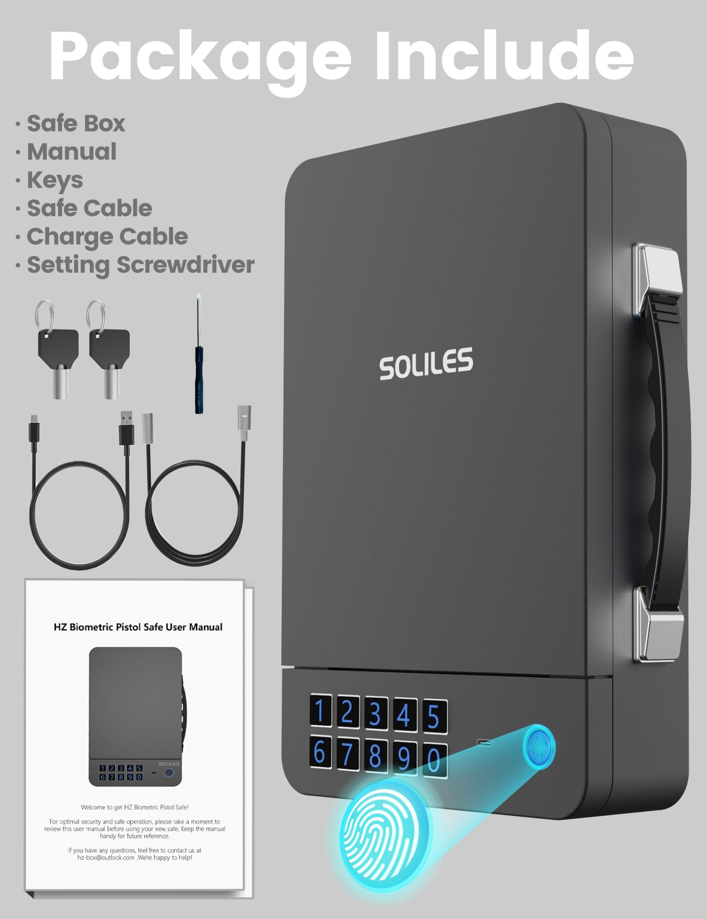 SOLILES Biometric Gun Safe - 4-Way Unlock (APP/Fingerprint/PIN/Key) - 2000mAh Rechargeable - 100 Fingerprint Memory - Patented Lock Core - Silent Operation