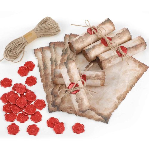 Sinload Vintage Writing Invitations Set Includes 100 Letter Antique Scroll Rustic Papers 100 Wax Seal Stickers 3 Strands of Twine for Valentines Mother Stationery Old Medieval Cardstock(8.5 x 11 Inch)