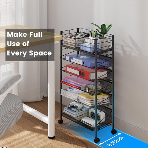 Shrivee Rolling File Cart with Wheels, 6 Tier Metal Rolling File Organizer Cart Beside Desk,Mobile Book Carts with Wheels for Office Home School Teacher Classroom Paper Letter Organization,Black