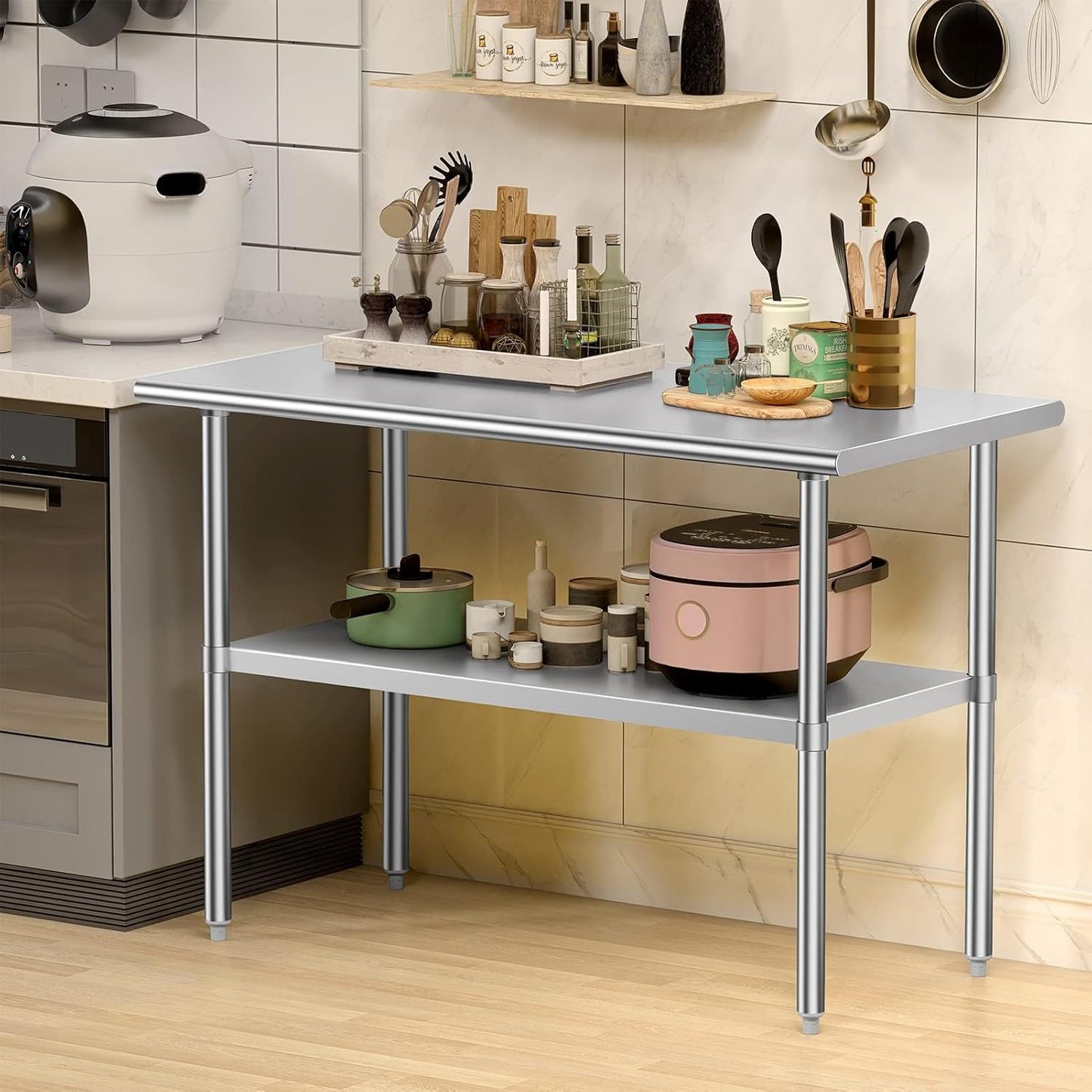 Skiennix Stainless Steel Prep Table - Heavy Duty 24x30 Inches with Adjustable Under Shelf & Foot