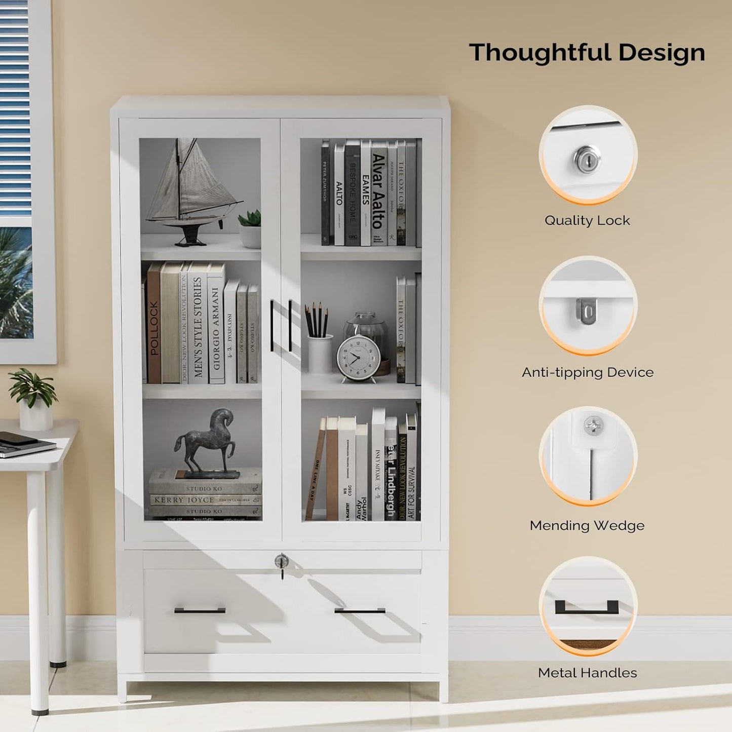 VINGLI Lateral File Cabinet - Glass Doors & Locking Drawer for Hanging Files | White, 30"W x 16"D x 55"H