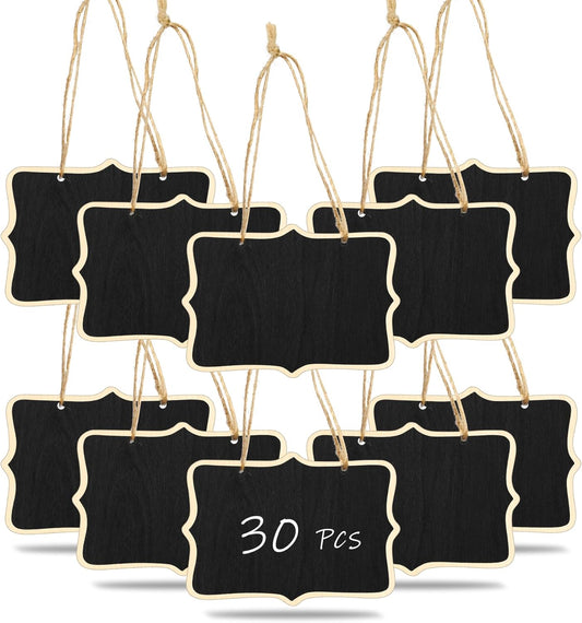 Skiennix Mini Wooden Chalkboard Signs - 30 Pcs Reusable Hanging Labels for Parties, Plants & Price Tags