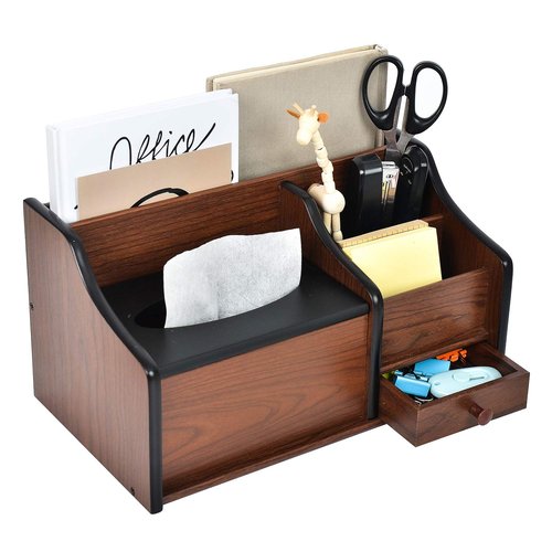 Liry Products Cherry Brown Wood Desk Organizer Tissue Box Lid Multiple Slots Drawer Tabletop Storage Cabinet Solid Wood Phone Tablet Remote Control Holder Office Supplies Caddy Accessory Sorter Home