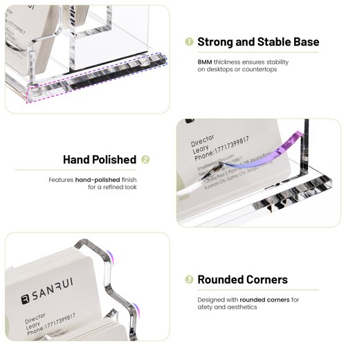Acrylic Business Card Holder for Desk, Clear Display Stand with 6 Slots, 3-Tier Horizontal Name Card Stands, Office Desk Organizer for Women & Men , Holds 50 Cards Each Pocket