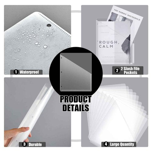 Seajan 100 Pcs Pocket Folders for 3 Ring Binder Clear Plastic Folders Sleeves with 2 Pockets 3 Hole Punch Binder Dividers Poly Slash File Jackets for Office School Document Organizer (White)