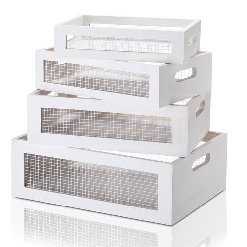 FillTouch 4 Pcs Wooden Nesting Countertop Baskets 4 Size Wooden Storage Box with Handle and Metal Wire Multipurpose Wood Organizer Crate for Fruit Vegetable Kitchen Cabinet Bathroom(White,Small)