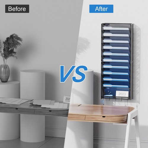 OUTWOLF Hanging Wall File Organizer with Hooks, 12 Tier Vertical Wall Mount File Holder, File Folder Wall Organizer for Office