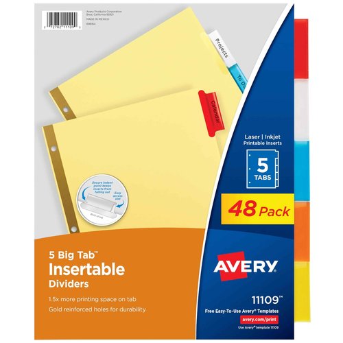 Avery Binder Dividers - 5-Tab Insertable Multicolor Big Tabs for Binders, 48 Sets of Dividers (11109)