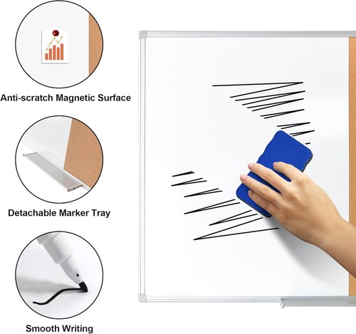 Magnetic Dry Erase Board by Cork - 36x24 Inch Wall-Mounted Bulletin Board for Office, Home & School