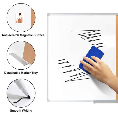 Cork Bulletin Board, 36 X 24 Inches White Magnetic Dry Erase Board, Large Wall Mounted Message Vision Notice Memo Pin Board for Office, Home and School