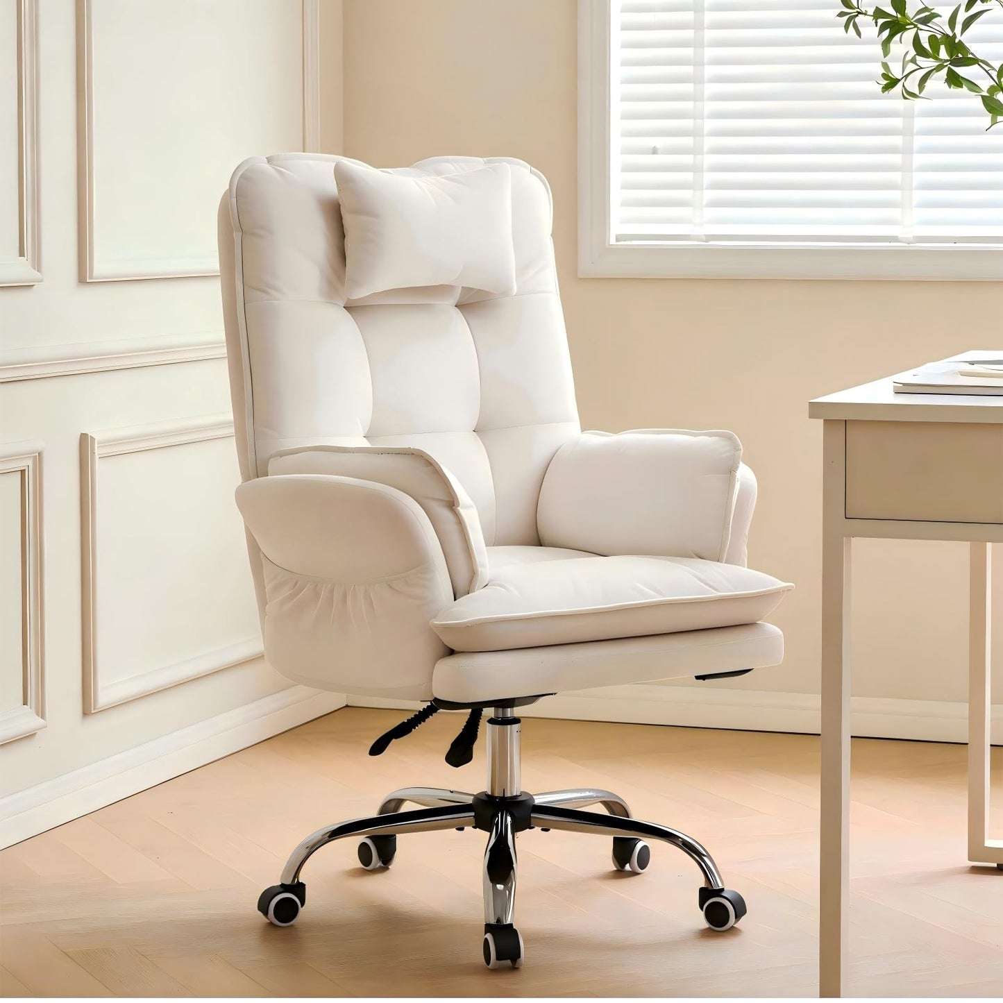 EROMMY Criss Cross Chair with Wheels, Big and Tall Velvet Office Chair Reversible Armrest and Wide Seat, Comfy Reclining Computer Chair for Gaming, Reading, Working, Beige