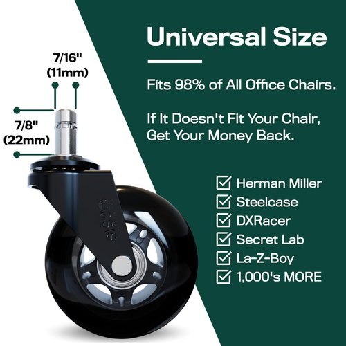 Office Oasis Rollerblade Office Chair Wheels - Smooth, Quiet Casters for Hardwood & Carpet - Set of 5 - Black