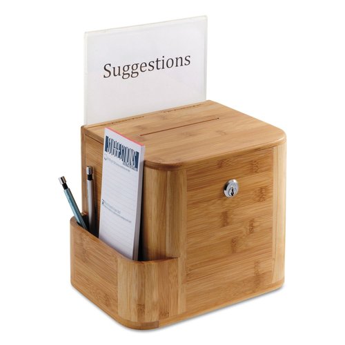 Safco 4237NA Wood Suggestion, Charity, Voting Box, Lock and Card Storage Pocket, Freestanding or Wall Mounted, Includes Suggestion Cards