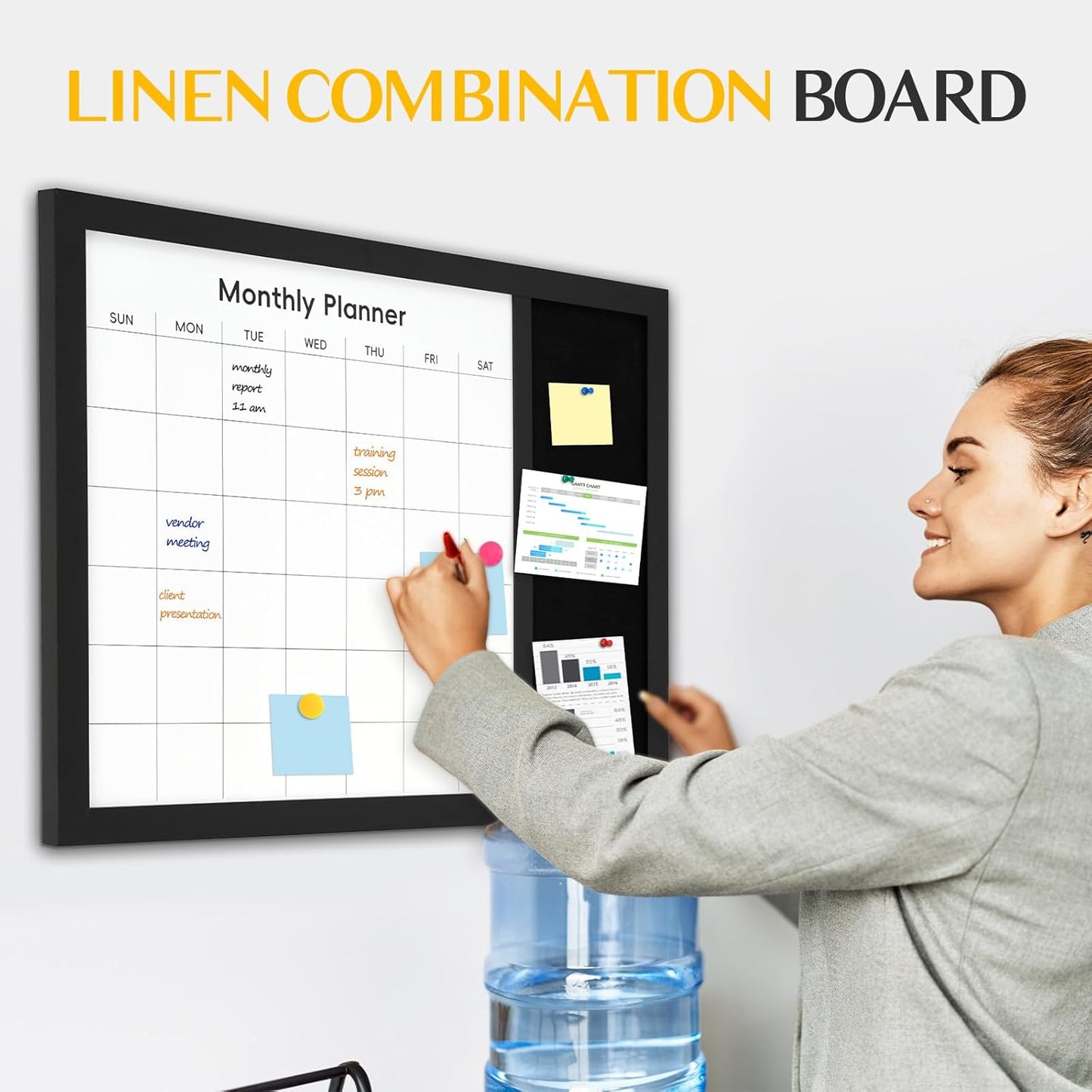 WALGLASS Dry Erase Calendar Whiteboard - 24" X 18" Linen Design with Wood Frame for Home & Office