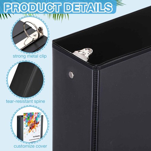 TaoBary 10 Pack 3 Inch Binders 3 Ring Heavy Duty Black Round Rings Bulk 11.6" x 10.4" Presentation Folder View Binder with Pockets Binder for Christmas Office Gifts Supplies Teacher Student Home