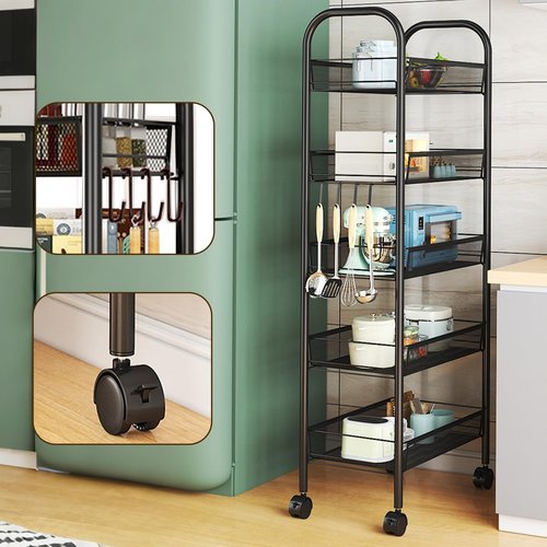 Rolling Pantry Storage Cart - 5-Tier Metal Portable Pantry Organizer with Wheels, Multi-Functional Storage Trolley for Kitchen, Office (Black)