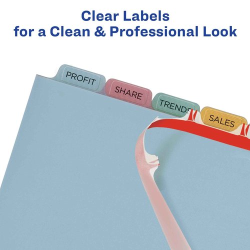 Avery 8 Tab Plastic Dividers for 3 Ring Binder, Easy Print & Apply Clear Label Strip, Index Maker Customizable Multicolor Tabs, 5 Sets (11433)