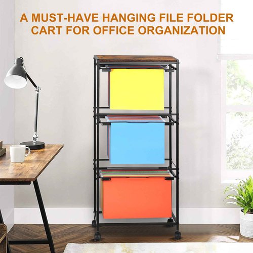 TQVAI Hanging File Folder Organizer, 3-Tier Rolling File Cart with Wheels, Letter Legal Size Folders Hangers for Office, Home, Classroom, Black