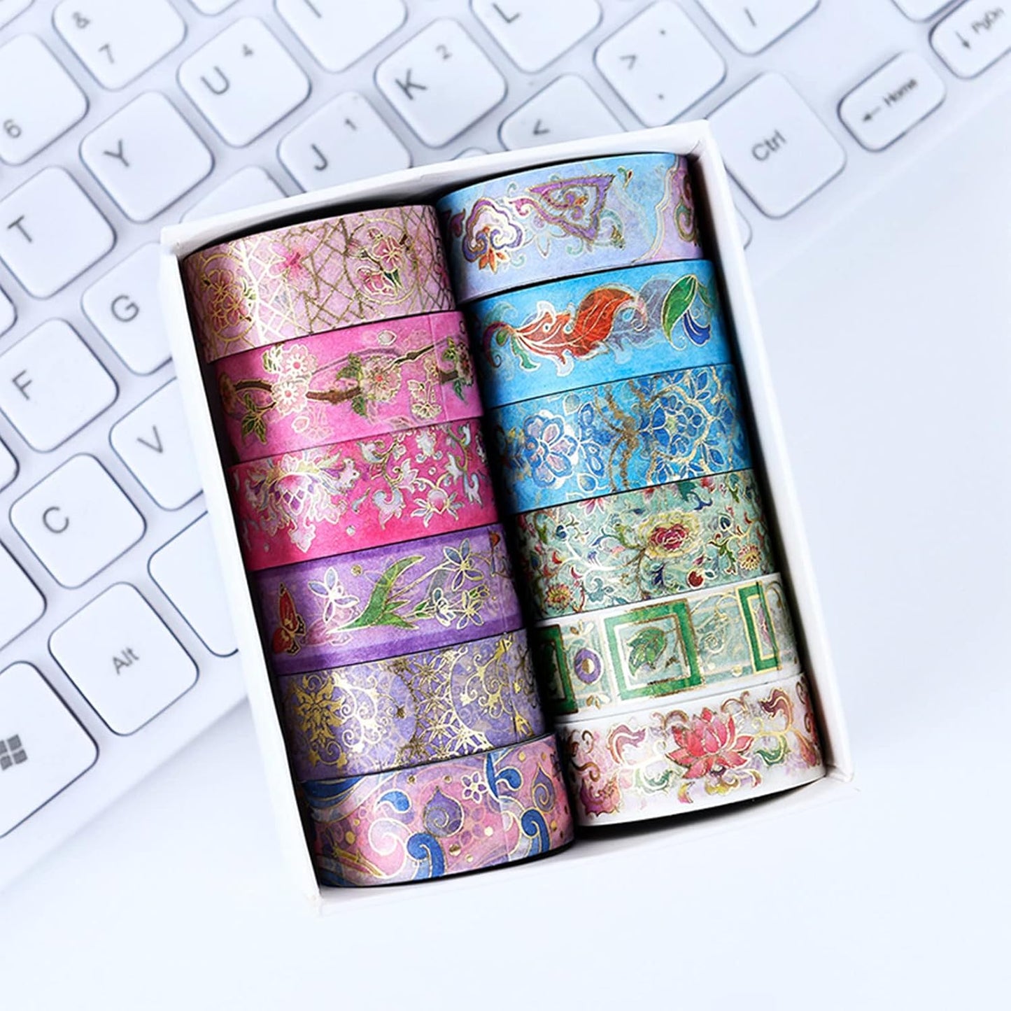 Skiennix Floral Washi Tape Set - 12 Rolls of Gold Foil Botanical Decorative Tape for Scrapbooking & Crafts