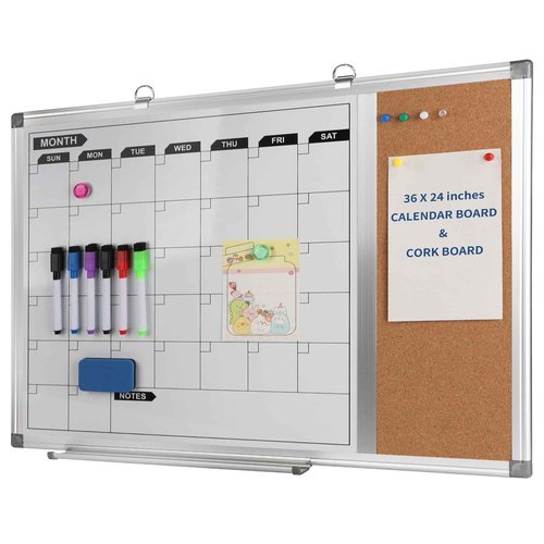 Magnetic Dry Erase Calendar Whiteboard Corkboard Combo, 36 x 24 Inch Monthly Calendar Whiteboard Bulletin Corkboard for Wall, Aluminum Frame with Dry Erase Markers, Magnets, Push Pins (36 x 24 Inch)