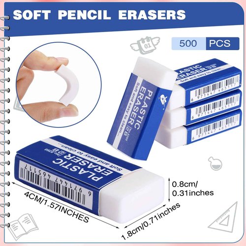 Yeaqee 500 Pcs White Pencil Erasers Bulk Soft Art Erasers School Pencil Erasers for Drawing Kids Student Artist Office Home Writing 1.57 x 0.71 x 0.31 Inch