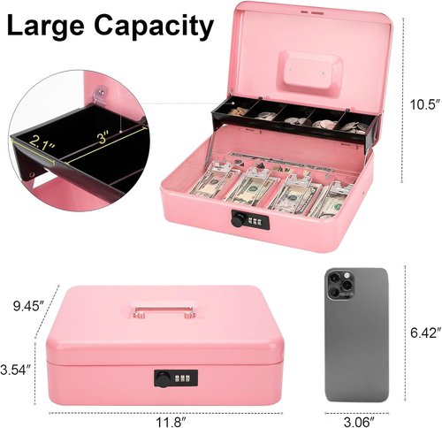 Jssmst Cash Box - Secure Pink Cash Box with Combination Lock & Money Tray | Large 11.8'' x 9.5'' x 3.5''