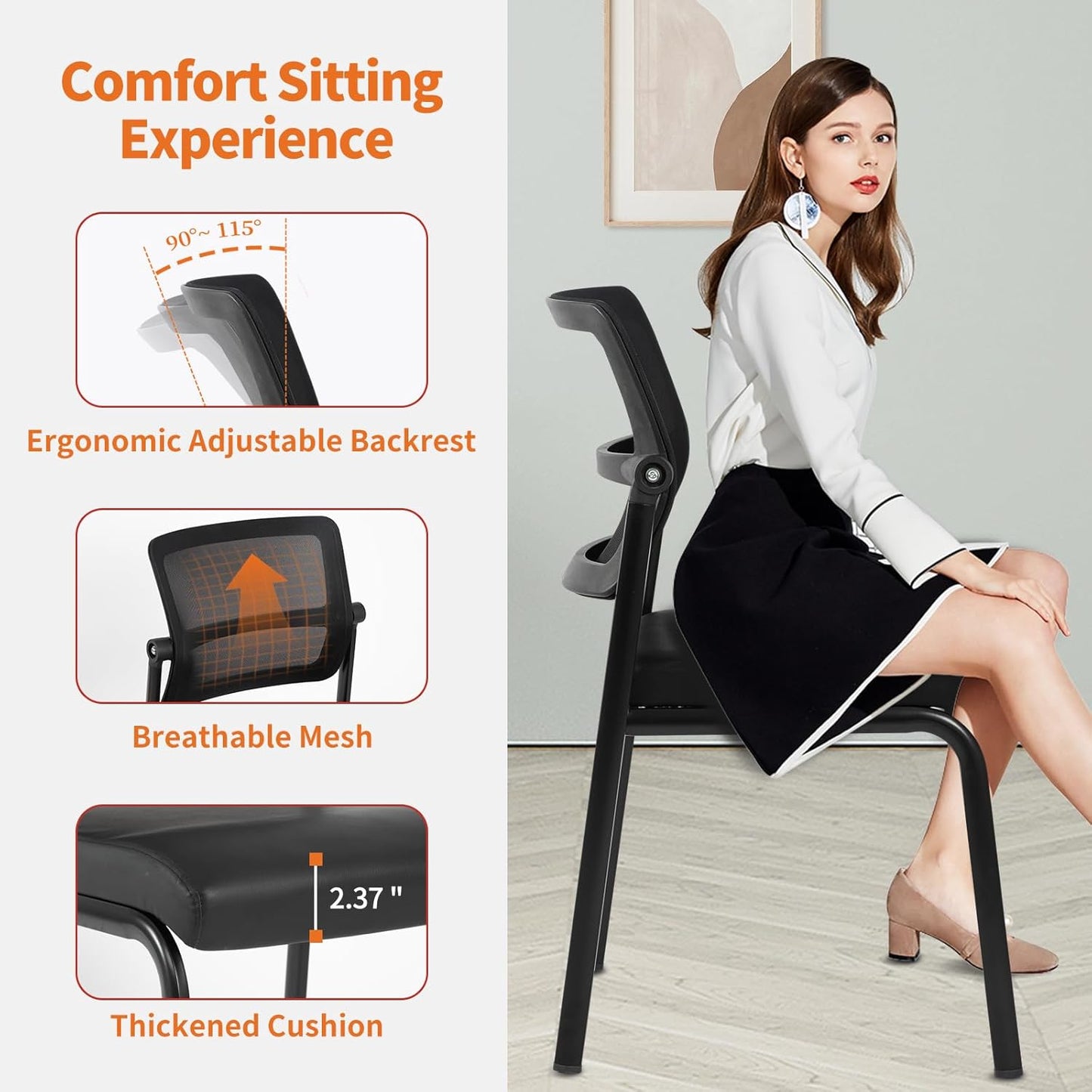 CLATINA Stacking Waiting Room Chairs - Ergonomic Mesh Backrest & Leather Cushion - 4-Pack