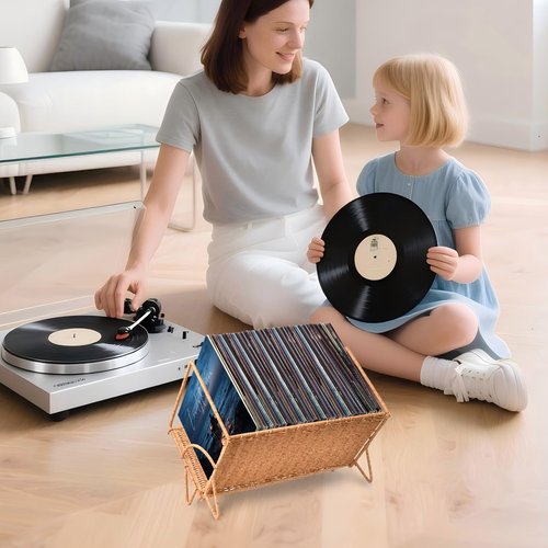 Demine Vinyl Record Storage Rack - Holds 80 LPs | Stylish Woven Record Holder | Multifunctional Storage | Vinyl Display Organizer for Books, Magazines & Files