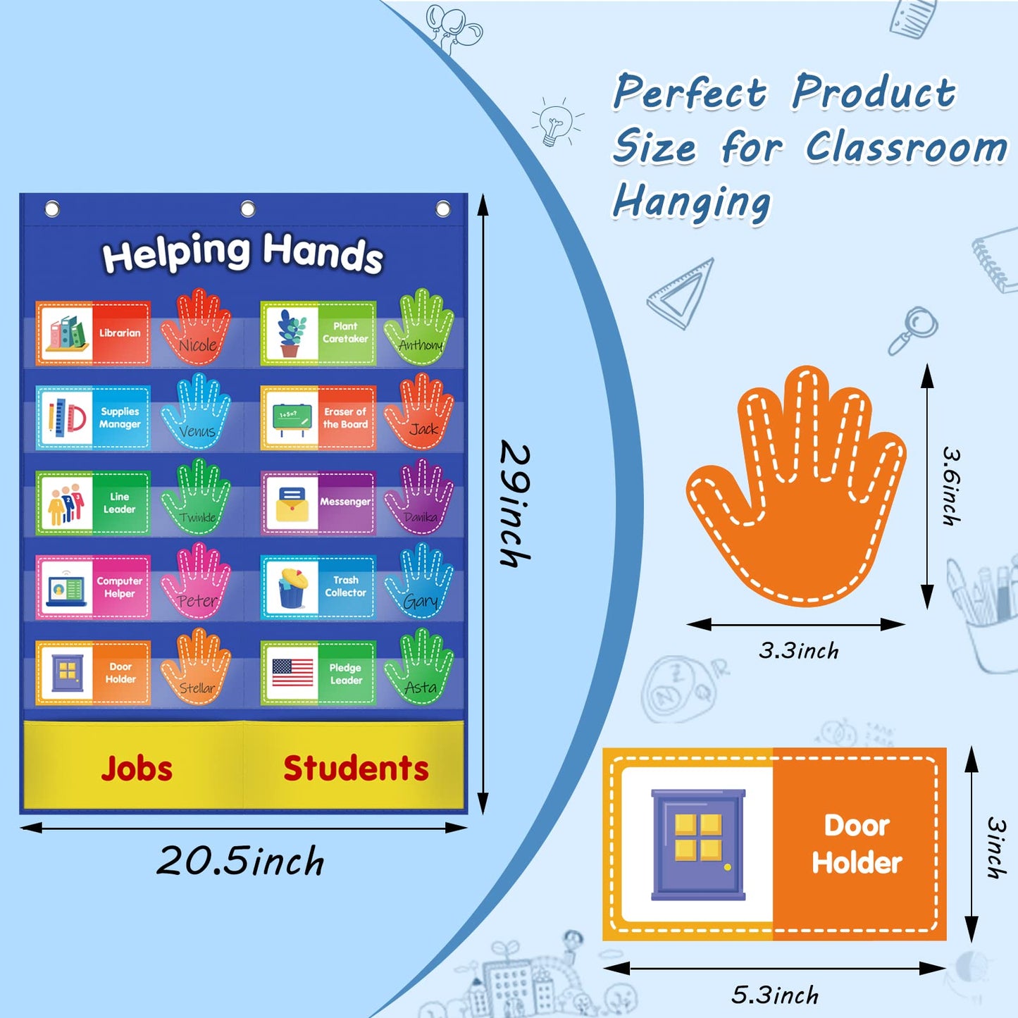 ABCxGOOD Helping Hands Pocket Chart,Classroom Jobs and Management Pocket Chart, Preschool Classroom Must Haves Supplies, Great for Classroom Homeschool. (Blue, 29"*20.5")