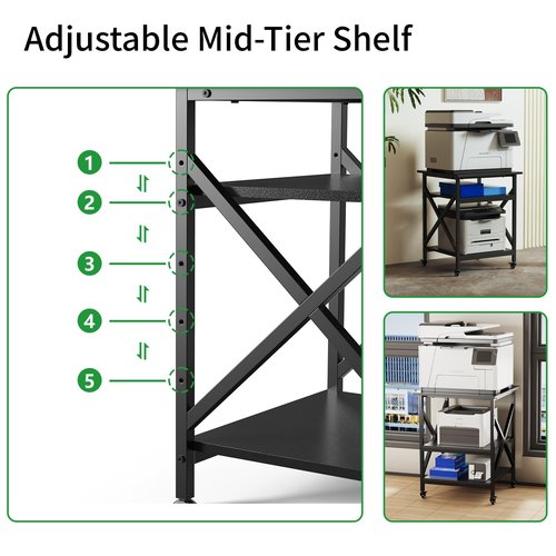 Ollieroo 3 Tier Printer Stand, Large Table with Wheels, Rolling Cart with Height Adjustable Middle Storage Shelf, 23.6 x 23.6 x 30.3 Inches Shelf for Home Office, Black