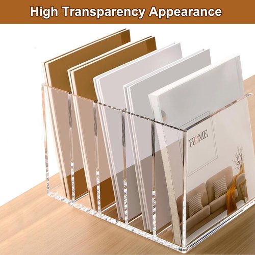 Clear Acrylic Magazine File Holder, Thickened Magazine Book Rack Desk File Organizer with 5 Vertical Compartments for Office Home Desk Organization