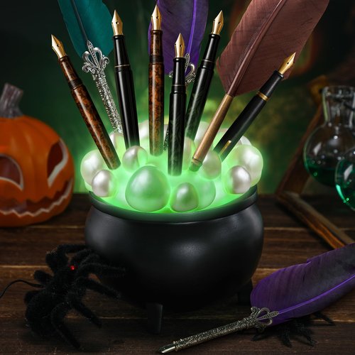 AmazingSpark Halloween Witches Cauldron Pen Holder Glow in The Dark Bubbling Witches Cauldron Pot Makeup Brush Pencil Holder for Gothic Desk Decor Halloween Desk Organizer for Spooky Gifts