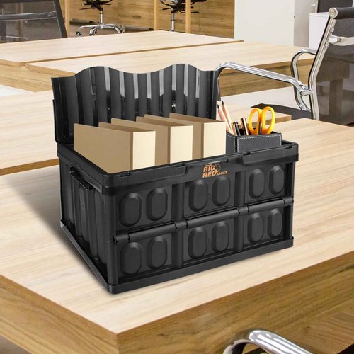 BIG RED Collapsible and Stackable Storage Baskets with Handles: Folding Storage Containers for Organizing Tools, Books, Food, Drinks, Camping & Transport - 45L (3 Pack), Black
