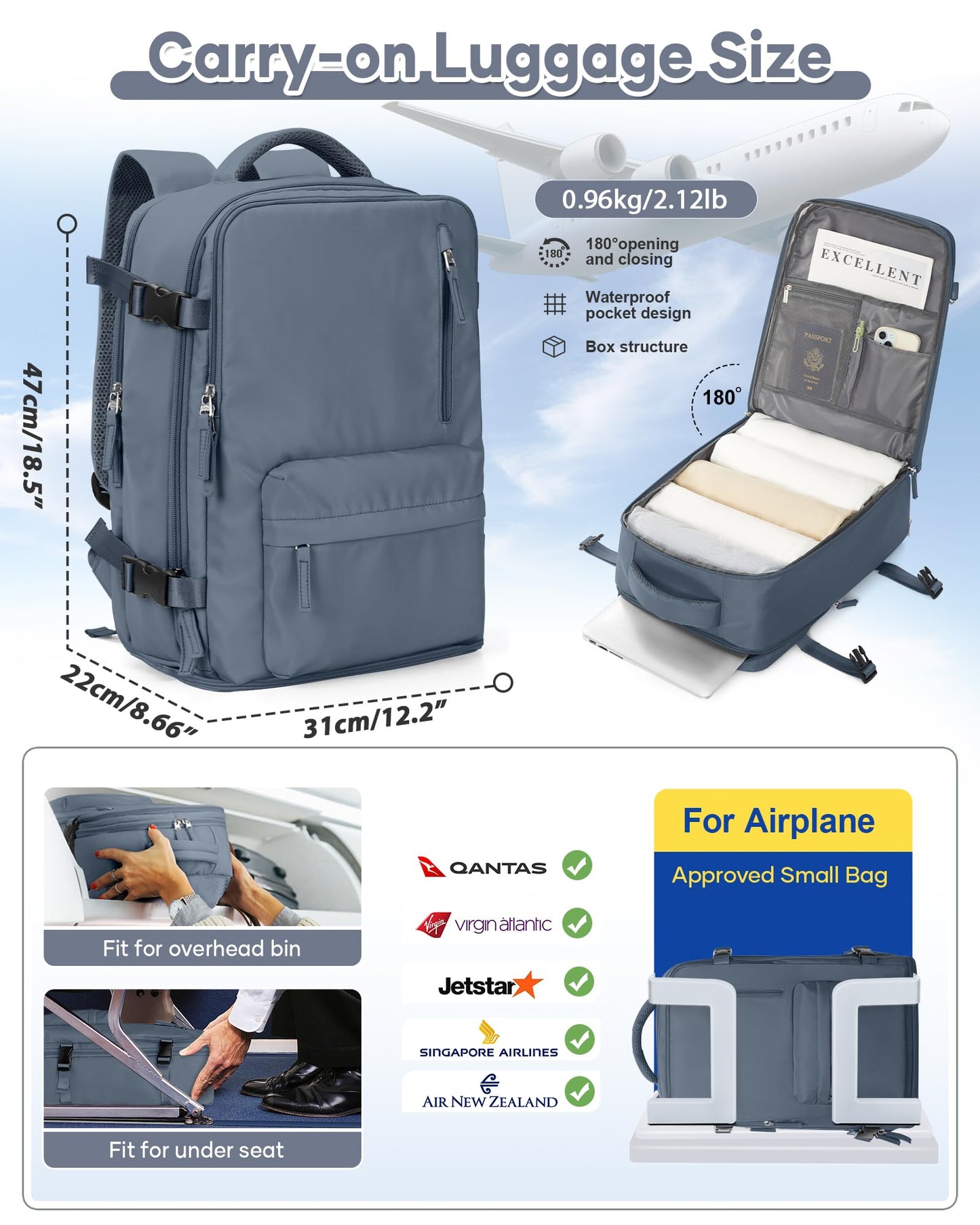 Large Travel Backpack Women Carry On Hiking Backpack Waterproof Outdoor Sports Casual Daypack Personal item Travel Bag Airplane Essentials Spirit Airline Flight Approved Shoes Compartment Jewel Blue