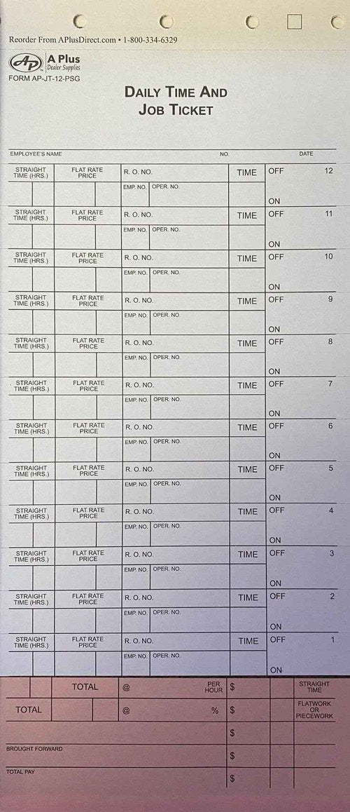 A Plus Dealer Supplies 12 Flag Mechanic's Daily Job Time Tickets/Flag Sheets - AP-JT-12-PSG - 2 Packs of 250 Per Pack - 500 Quantity (V2*)