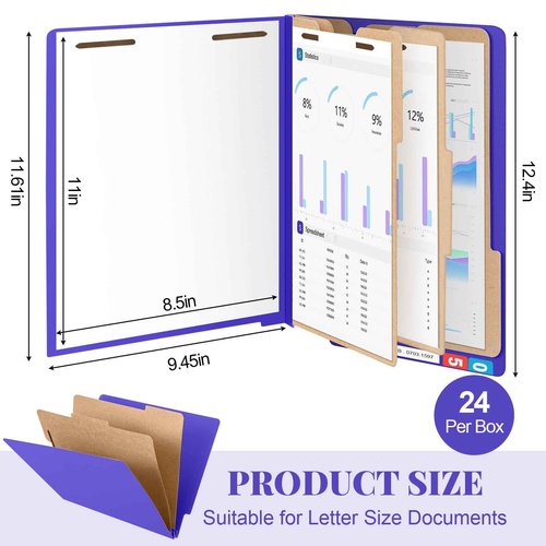Skyygemm 24 Pcs End Tab Classification Purple File Folders 3 Dividers Letter Size with 3.5'' Fasteners and 2 Prongs, Manila Folders Bulk for Office Business Classroom