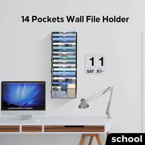 JMHUD 14 Tier Wall Hanging File Organizer, Paper Folder Holder Wall Mounted, Metal Mail Sorter for Office Home School, Black 2 Pack