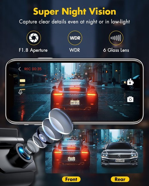 GKU Dash Cam Front and Rear Camera – 4K+1080P Dual Dash Camera for Cars with 64GB SD Card, 5GHz WiFi & App Control, Night Vision, Parking Mode, G-Sensor, Loop Recording, WDR, 170° Wide Angle