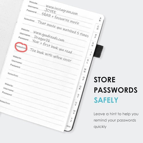 Elegant Password Book - Hardcover Organizer with Alphabetical Tabs & Notes Section | 5.2" x 7.6" (Black)