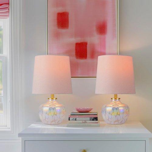2 Pack 15" Hand-Blown Glass Table Lamp Set, Blush Pink Velvet Shade, Pearlized Swirling Cloud Base, Small Accent Lamp for Girls Bedroom Nightstand, Living Room, Kitchen Counter
