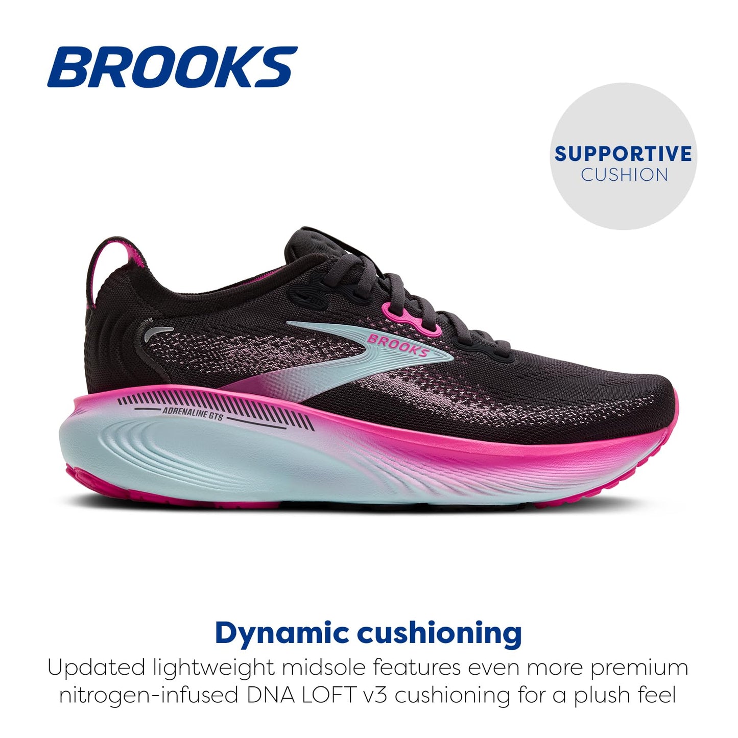 Brooks Women’s Adrenaline GTS 25 Supportive Running & Walking Shoe - Black/Cyber Pink/Iced Aqua - 8 Medium