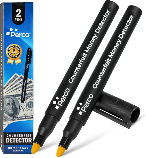 Perco Counterfeit Money Detector Pen - Reliable Fake Bill Checker | 2 Pack for Personal & Commercial Use