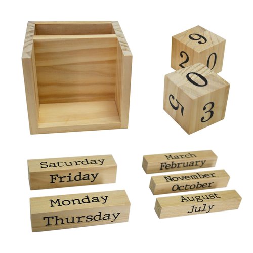 EXQUIDECA Wooden Blocks Perpetual Calendar with Pen Holder - Natural Pine Wood Home Office Desk Organizer -Reusable Date Week Month Accessories Tabletop Ornament