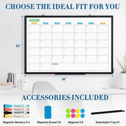 WALGLASS Dry Erase Calendar Whiteboard for Wall, 36" x 24" Double-Sided Monthly Calendar White Board with Black Aluminum Frame, Hanging or Wall Mount Whiteboard for Home, Office, School