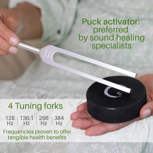 Resonance Tuning Forks for Healing Set - 128Hz, 136.1Hz, 256Hz, 384Hz Weighted & Unweighted Tuning Fork Set Includes Hockey Puck Activator - Chakra Sound Therapy Instruments in a Vegan Leather Pouch